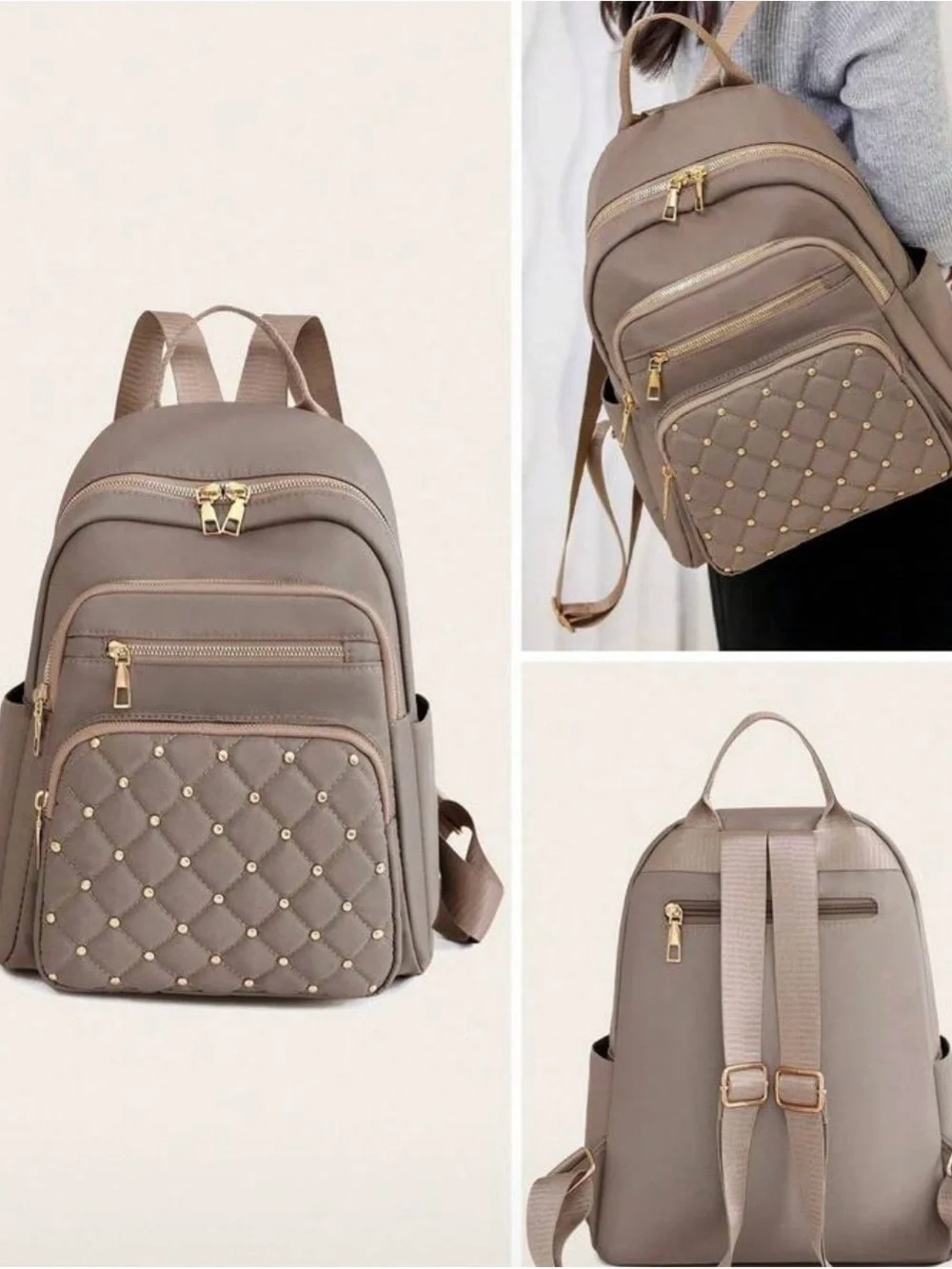 Stylish Quilted Grey Women's Backpack with Gold Hardware